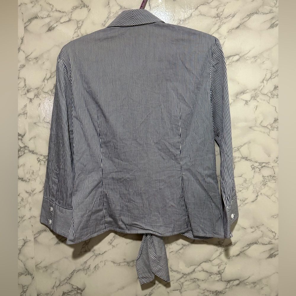 Lafayette 148 New York Navy and White Narrow-Stripe Button Shirt - Picture 8 of 8